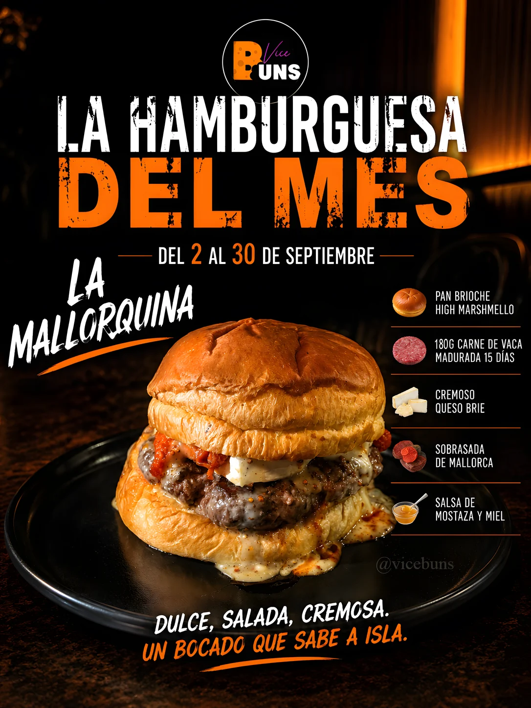 Cartel promocional de La Mallorquina, burger del mes del 2 al 30 de septiembre.